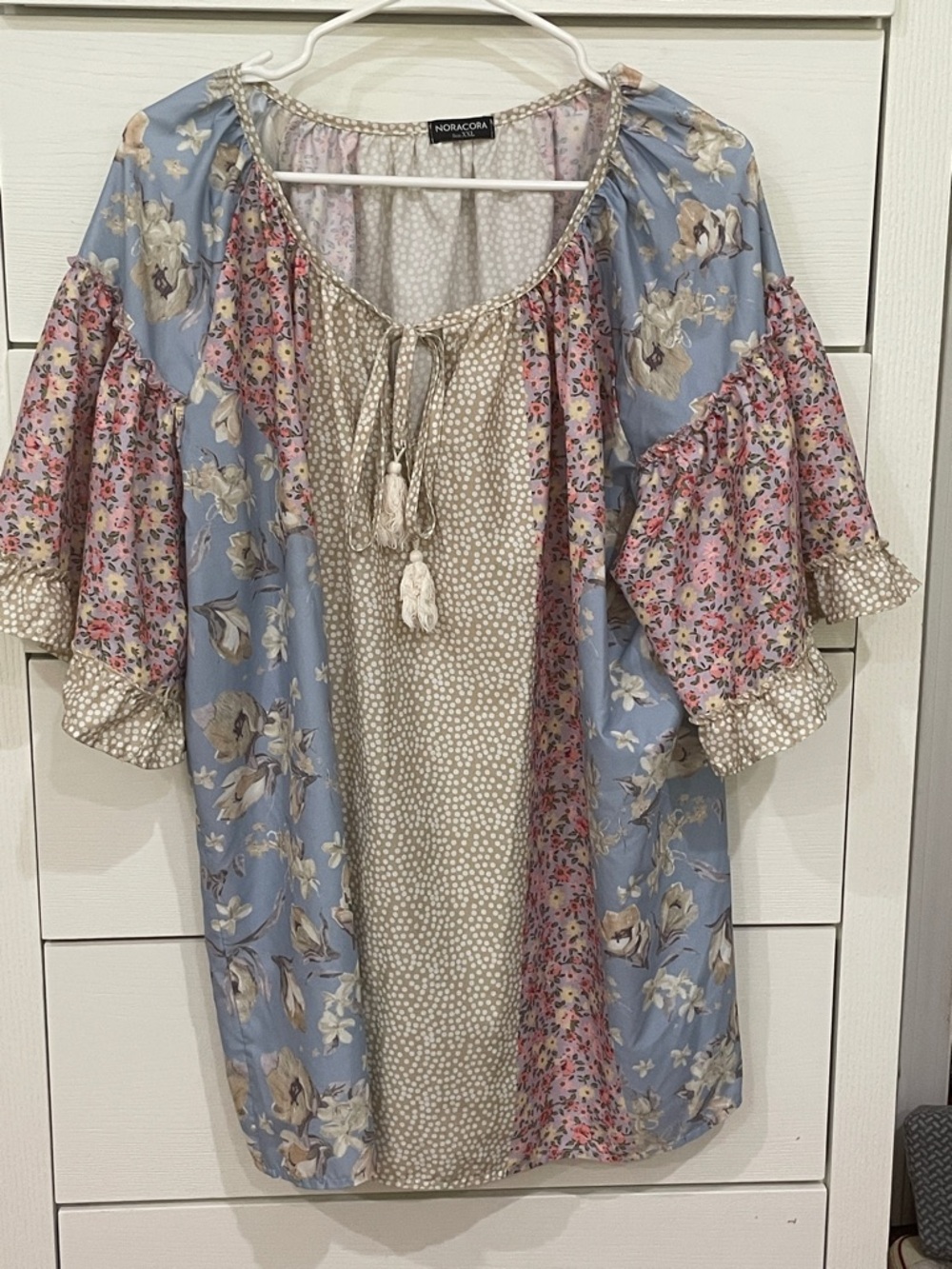 Noracora Floral Patchwork Peasant Top in Blue, Pink, Cream